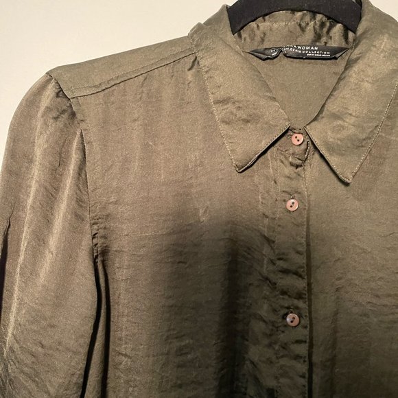 Zara Forest Green Button Down Embroidered Maxi Blouse Kimono. Size Small - Picture 14 of 15